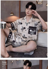 Large Size Men Pajamas Set Ice Silk Cartoon Bear Short-Sleeved Student Two-Piece Cardigan Lapel Smiley Letters 3xl Code Pajamas