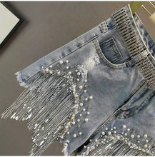 Denim Shorts Women's 2025 Summer Clothes New European High Waist Thin Heavy Industry Beaded Sequined Fringed Broken Copper Jeans