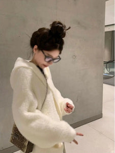 korean fashion hooded long cardigan women 2024 knitted long sleeve winter korean style clothes long sleeve knitwears fall pink