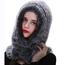 Winter Hats for Woman Fall Cap Warm Natural Fur Hat with Neck Scarves Bonnets Women Knitted Real Rex Rabbit Fur Hat Hooded Scarf