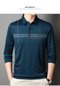 Men's  Warm  Long Sleeve Casual Polo  Business Style Stripe Printed Men's Top