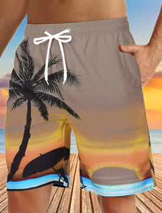 Men's Quick Dry 3D Printed Beach Shorts with Drawstring- Graphic Coconut Tree Breathable Design