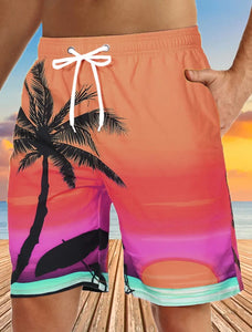 Men's Quick Dry 3D Printed Beach Shorts with Drawstring- Graphic Coconut Tree Breathable Design