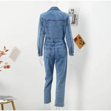 Autumn Denim Jumpsuit for Women  Long Sleeve Elegant  Turn Down Collar