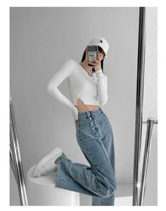 Yiya Style High-waisted Jeans Women's Loose-fit Straight-leg  Draped Wide-leg