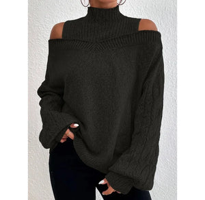 Autumn Winter Off Shoulder High Neck Long Sleeve Knit Cardigan -European & American Style