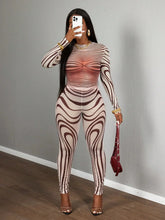 Sexy Sheer Mesh Zebra Print Bodycon Long Sleeve 2 Piece Set for Street Style Festivals Parties