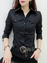 2024 New Fall Winter European  Shirts Office Lady Pockets Blouses  Button Up Long Sleeve Tops