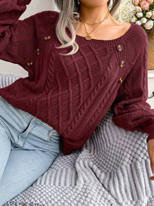 Women Casual Square Collar Buttons Long Sleeve Knitted Pullovers Sweaters