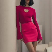 Fall Wint Heart Cut Out Ribbed Knit Tops for Women Elegant Flare Sleeve Sexy Slim Tops Basic Pullovers Streetwear