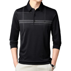 Men's  Warm  Long Sleeve Casual Polo  Business Style Stripe Printed Men's Top