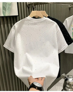 Men's Summer Rhinestone Rivet T-shirt  featuring a round neck and casual  styles Perfect for high street  fashion in 2025 . Short sleeve for comfort fit