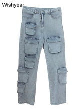 Multi Pockets Stretch Denim Cargo Pants Women Button Fly High Waist