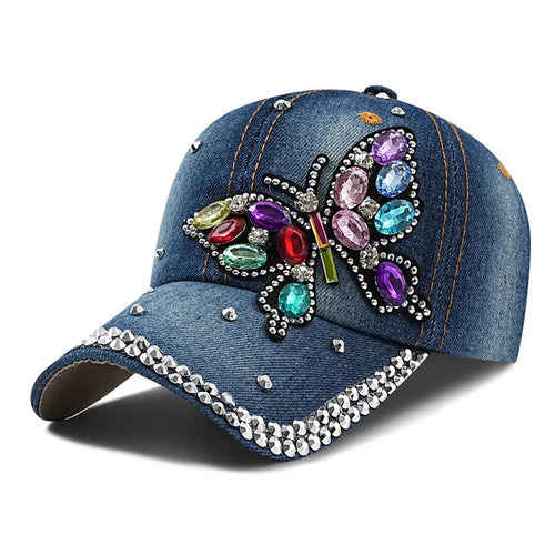 Rhinestone Butterfly/Crown Denim Baseball Cap Fashion Low Profile Sun Hat Adjustable Dad Hat for Women Men Hip Hop Trucker Caps
