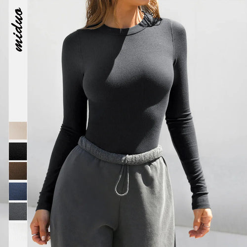 Fall Winter 2025 New Women's T-Shirts Fashion Ribbed Crew Neck Long Sleeve T-Shirt Slim Fit Top Y2k Woman Clothing