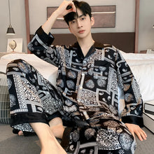 High Quality Satin Printed Pajamas Set Men's Nightwear Ice Silk Long Sleeve Loose Thin Teen Home Clothing Wear Suit Male Pyjama
