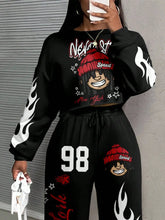 Women's Street Style Flame & Graphic Print 2-Piece Set, Loose Fit, Autumn Winter Casual Wear