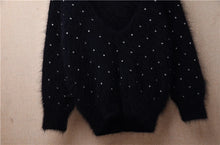 Ladies Women Fall Winter Clothes Black Hairy Beading Three Quarter Sleeves V-Neck Slim Blouses Pullover Sweater Jumper Pull Tops