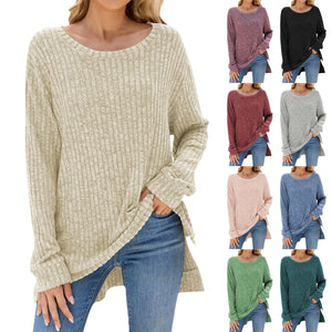 Fashion Casual Solid Color  Neck Long Sleeve Women Pullover Top