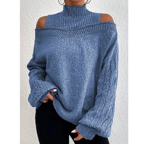 Autumn Winter Off Shoulder High Neck Long Sleeve Knit Cardigan -European & American Style