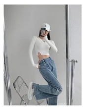 Yiya Style High-waisted Jeans Women's Loose-fit Straight-leg  Draped Wide-leg