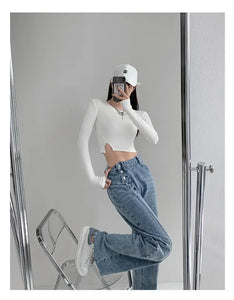 Yiya Style High-waisted Jeans Women's Loose-fit Straight-leg  Draped Wide-leg