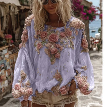 3D Flower Print Long Sleeved Breathable Autumn Shirts Female O Neck Loose Bohemian T-shirts 2025 Casual Holiday Top Blouses