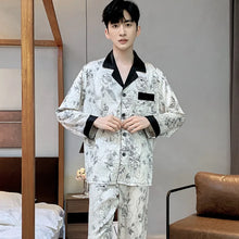 High Quality Satin Printed Pajamas Set Men's Nightwear Ice Silk Long Sleeve Loose Thin Teen Home Clothing Wear Suit Male Pyjama