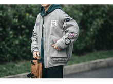 Mens American Heavyweight Padded Bomber Jacket Winter Warm Badge Patch Streetwear Fashion Trendy Coat Korean Hip Hop Parkas Male