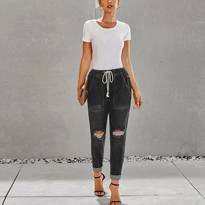 European and American denim straight leg pants with elastic oversized women's jeans ripped