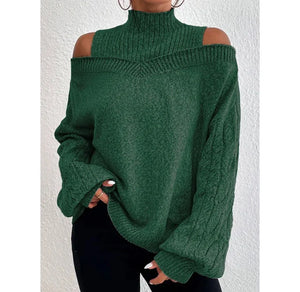 Autumn Winter Off Shoulder High Neck Long Sleeve Knit Cardigan -European & American Style