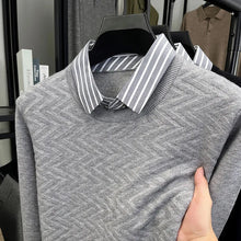 Men's Knit Sweater with Shirt Collar - Gray Vintage Style Fake Layered Business Casual Pullover Old Money Style Top