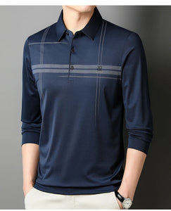 Men's  Warm  Long Sleeve Casual Polo  Business Style Stripe Printed Men's Top