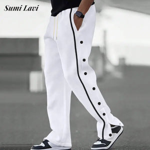 Solid Color Men's Pants Side Button Design Men Straight Lace-up Pants