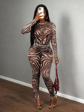 Sexy Sheer Mesh Zebra Print Bodycon Long Sleeve 2 Piece Set for Street Style Festivals Parties