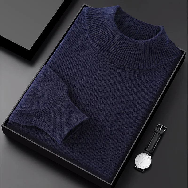 Men's Thick Sweater 100% Cotton Half high collar  Knitted Hoodie Fashion Jacquard Bottom Sweater Autumn/Winter Warm Men's Wear