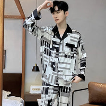 High Quality Satin Printed Pajamas Set Men's Nightwear Ice Silk Long Sleeve Loose Thin Teen Home Clothing Wear Suit Male Pyjama