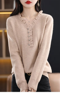 Women Soft  knitted V-Neck Sweater Autumn Winter Fashion