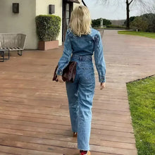 Autumn Denim Jumpsuit for Women  Long Sleeve Elegant  Turn Down Collar