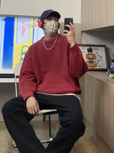 Knitted Sweaters for Men Plain Round Collar Red Man Clothes Pullovers Crewneck Solid Color Clothing Wool T Shirt Order S Casual