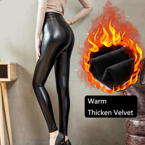 Qisin Plus Size Winter PU Leather Leggings Women Thickened Warm Legging High Waist Leggings Black Leather Pants Women