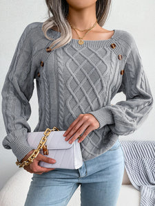 Women Casual Square Collar Buttons Long Sleeve Knitted Pullovers Sweaters