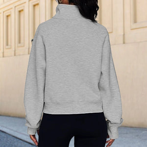 Stand Collar Casual Sweatshirts Half Zip Women Cropped Pullover Thumb Hole Oversized Solid Color