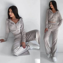 Women's Fall and Winter Hot Fashion Set Zipper Hoodie Drawstring Tracksuit Trouser Solid Color Two-piece Set