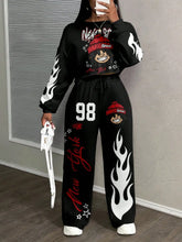 Women's Street Style Flame & Graphic Print 2-Piece Set, Loose Fit, Autumn Winter Casual Wear