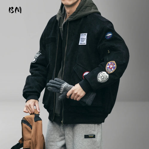 Mens American Heavyweight Padded Bomber Jacket Winter Warm Badge Patch Streetwear Fashion Trendy Coat Korean Hip Hop Parkas Male