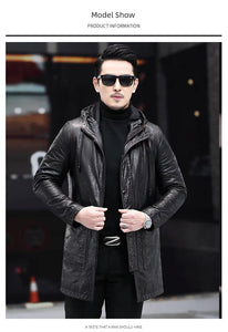 Genuine Leather Men's Hooded Mid Length  First Layer Cowhide Mulberry Cotton down Jacket