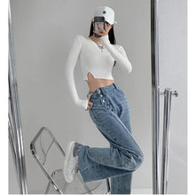 Yiya Style High-waisted Jeans Women's Loose-fit Straight-leg  Draped Wide-leg