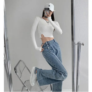 Yiya Style High-waisted Jeans Women's Loose-fit Straight-leg  Draped Wide-leg