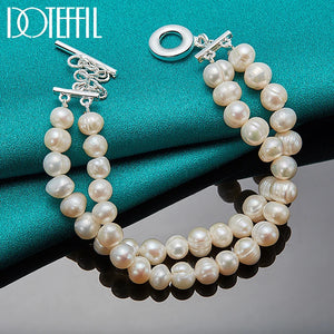 DOTEFFIL 925 Sterling Silver Double Natural Freshwater Pearl Chain Bracelet For Woman